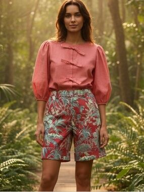 Haven Bleu Shorts Bermuda Beaded Embellishment Tropical Bermuda Shorts